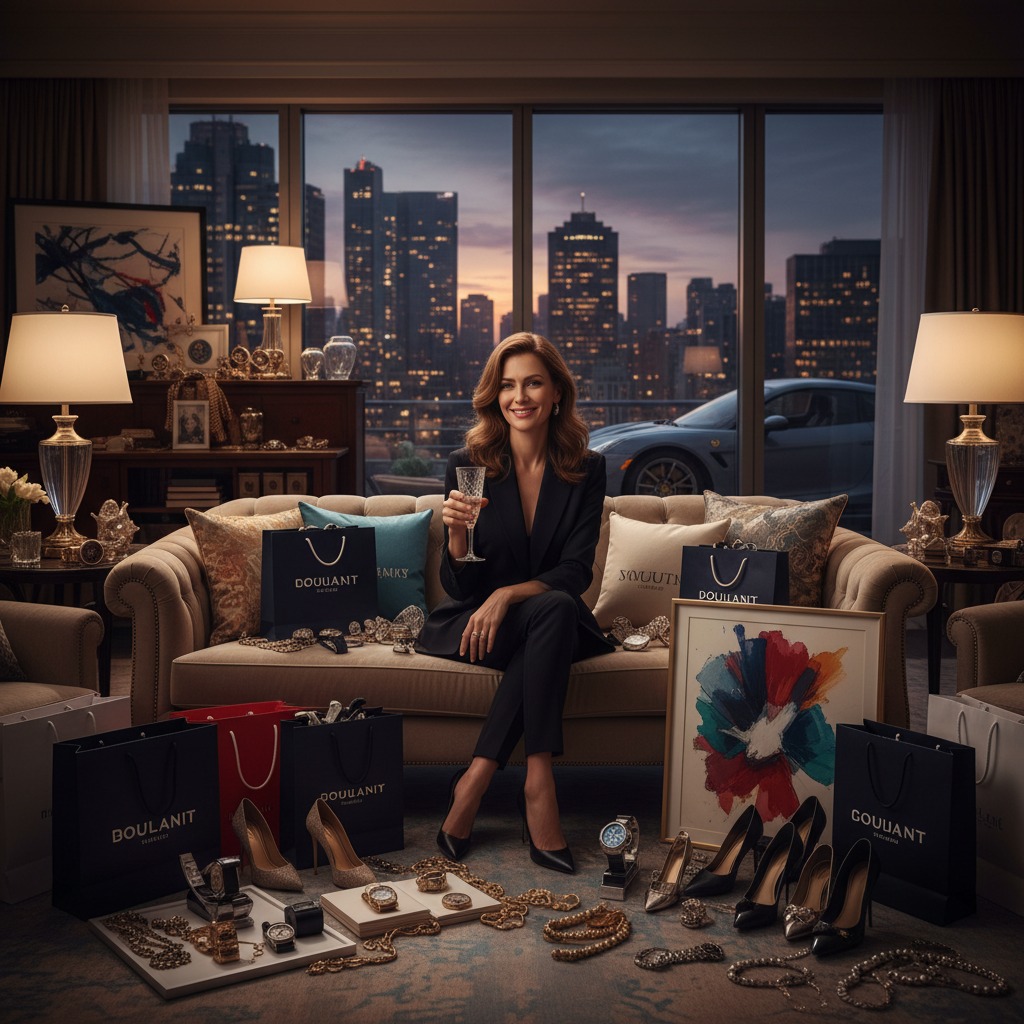 Una donna elegante siede su un divano in un appartamento di lusso, circondata da borse per lo shopping, gioielli e scarpe firmate, con lo skyline di una città al tramonto sullo sfondo.